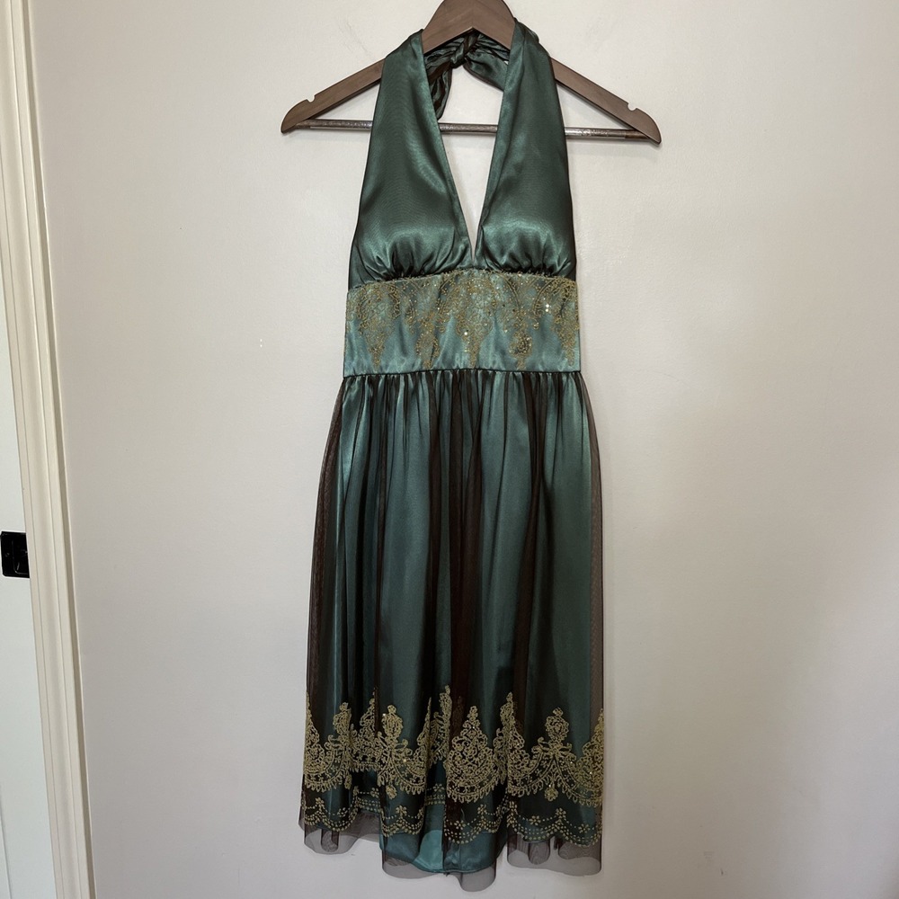 NWT Adrianna Papell Boutique Halter Cocktail‎ Dress Green Gold Sequin Tule Sz 10